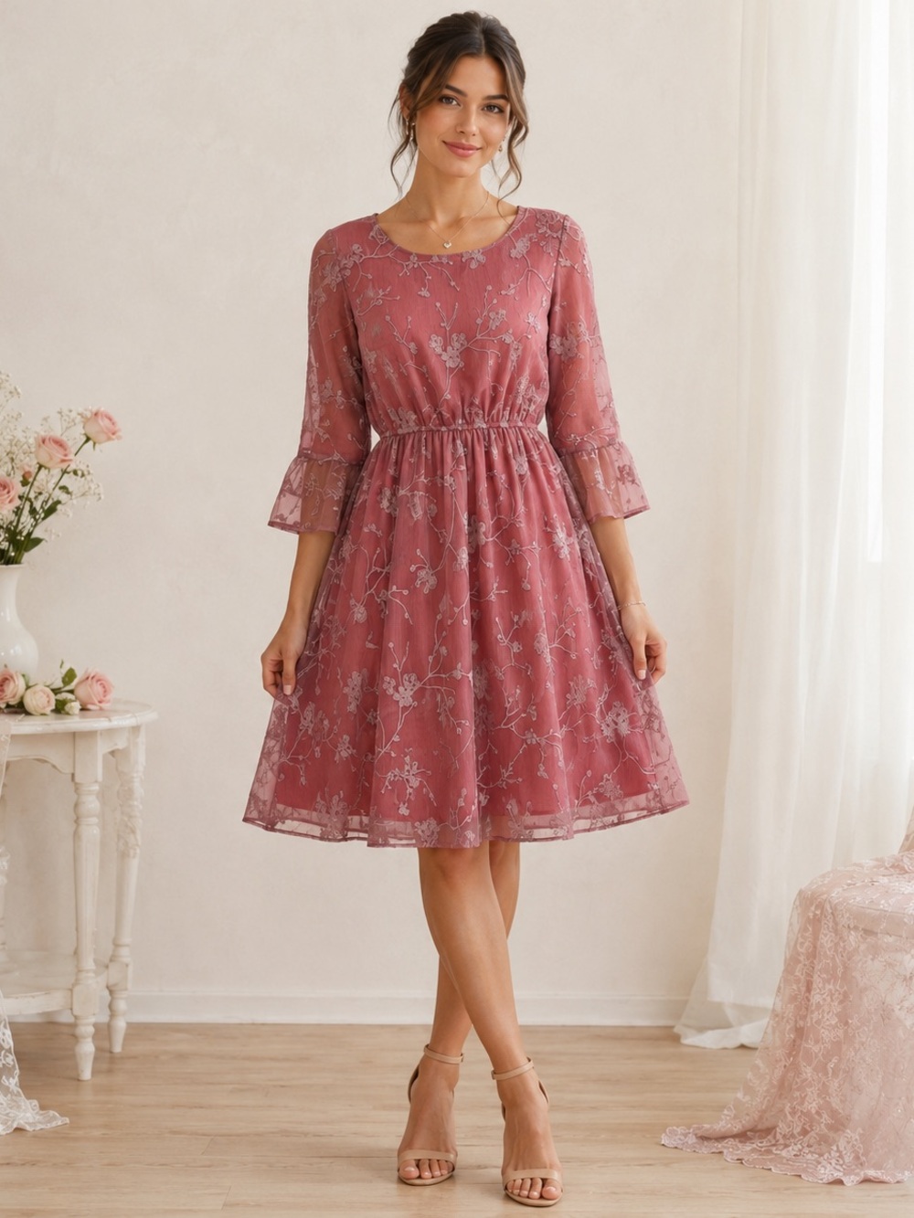 Piper & Scoot Dress S Pink Embroidered Floral Bell Sleeve Fit Flare Cottagecore